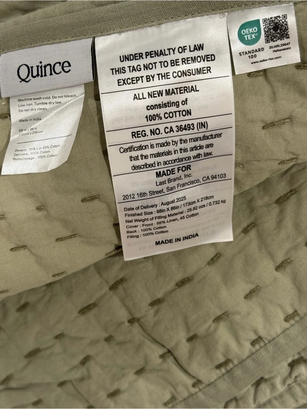 NWT QUINCE Linen Cotton Stitch Quilt Willowleaf Green Full/ Queen